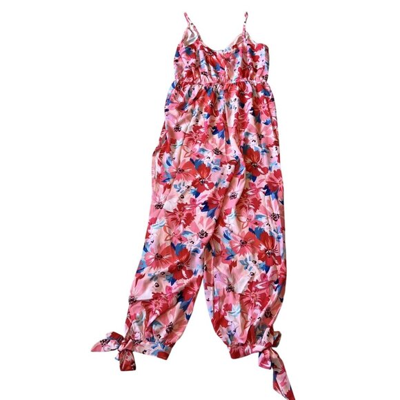 Parisian Womans Pink Blue Floral Jumpsuit High Leg Slits Resort Vacay Size 10 - Picture 4 of 8